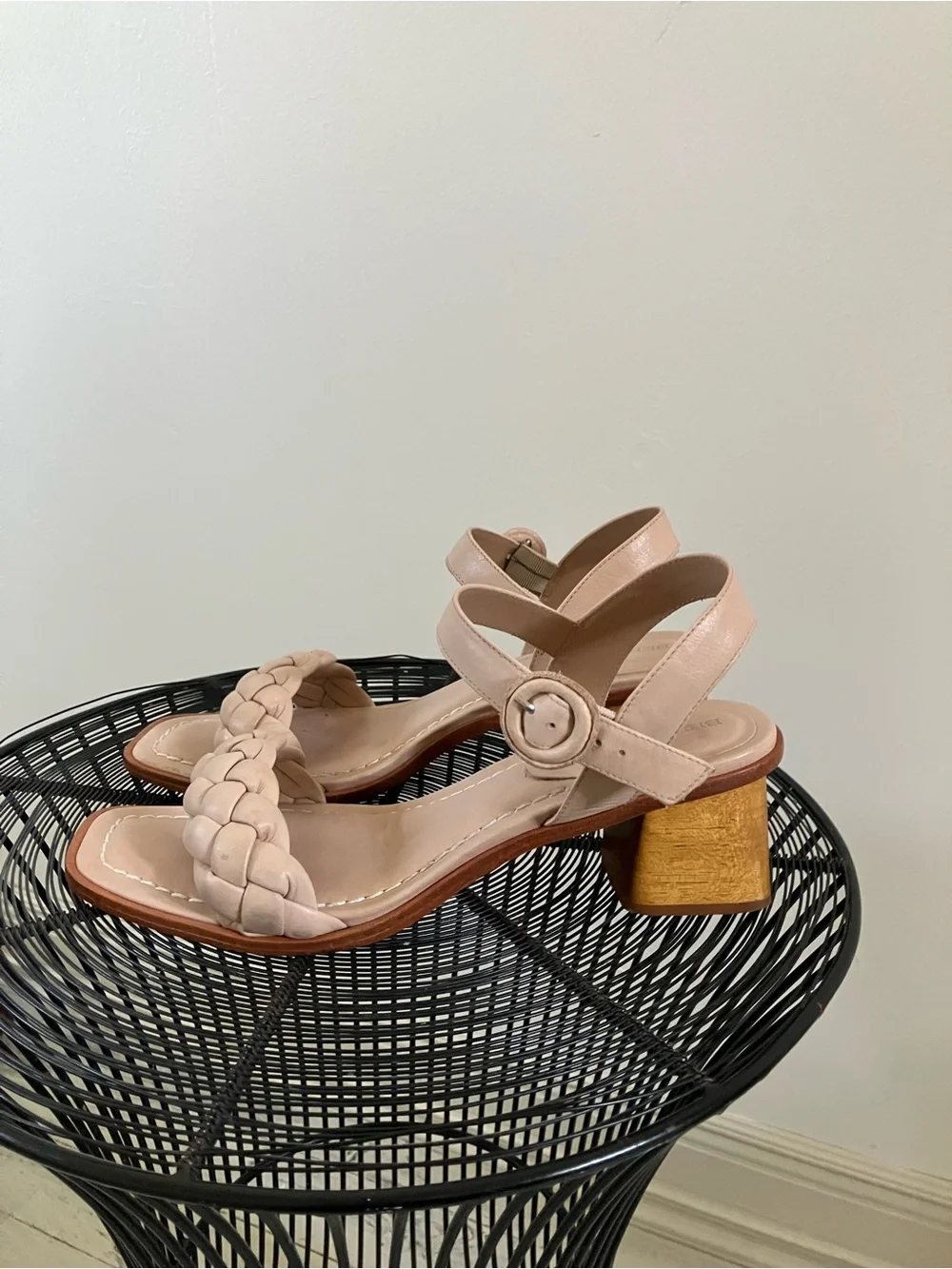 Bernardo Leather Braided Square Toe Wood Block Heel Sandals Ankle Strap Nude 11